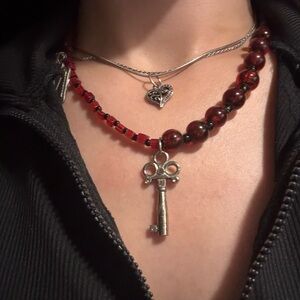 Chic Silver and Red Key Pendant Necklace